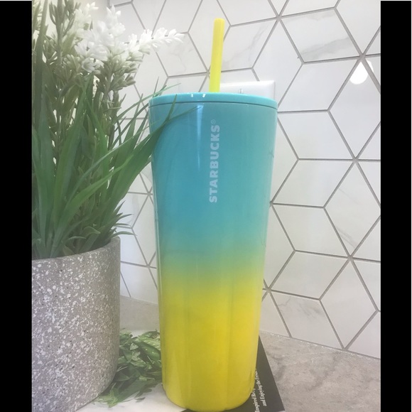 Starbucks Venti Cold Cup Teal & Yellow Summer 1 - Picture 2 of 2
